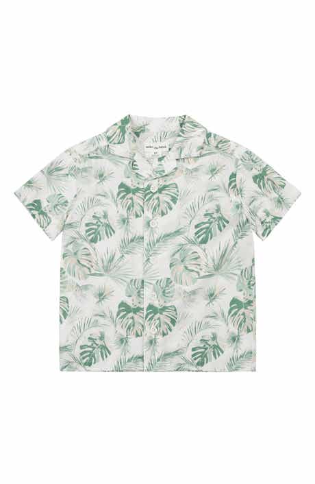 Monstera Leaf Print Cotton Blend Camp Shirt