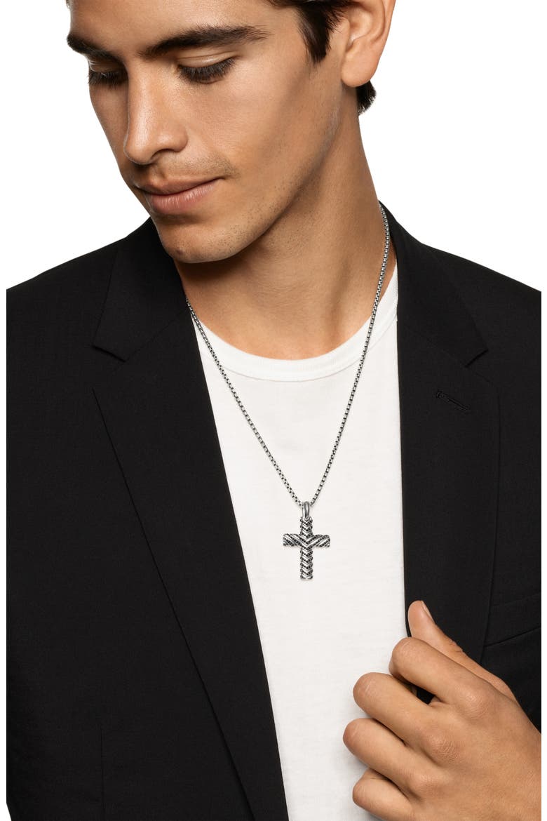 Men's Chevron Cross Pendant in Sterling Silver with Black Diamonds, 36mm, Alternate, color, SILVER PAVE