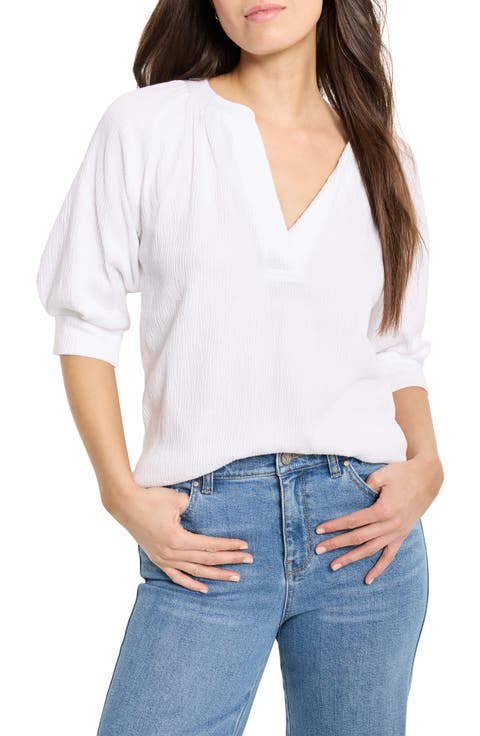 売れ筋商品|||アンクライン カットソー トップス レディース Petite Cotton Striped Puffed-Sleeve Split-Neck Top Surf Blue/Bright White Women's Blue Striped Tops | Nordstrom