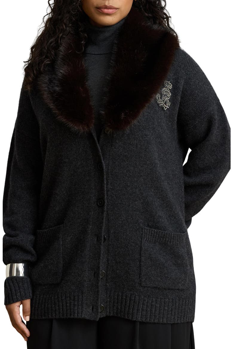 Faux Fur Trim Wool & Cashmere Cardigan, Alternate, color, GREY