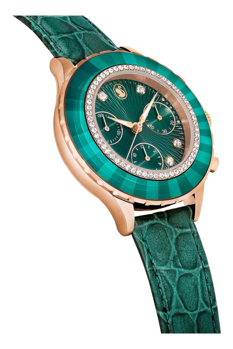 Octea Chronograph Leather Strap Watch, 37mm, Alternate, color, GREEN