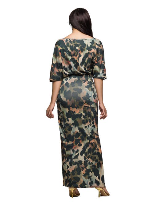 24seven Comfort Apparel Abstract Print Batwing Sleeve Maxi Dress With Slit In Green
