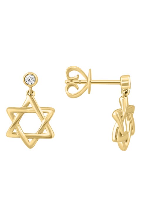 14K Gold Diamond Star of David Drop Earrings - 0.07ct.