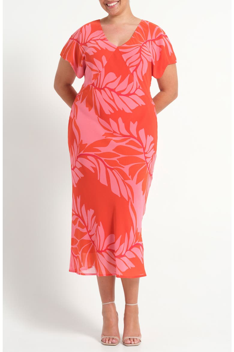Leyla Leaf Print Sheath Midi Dress, Main, color, PEONY ROUGE