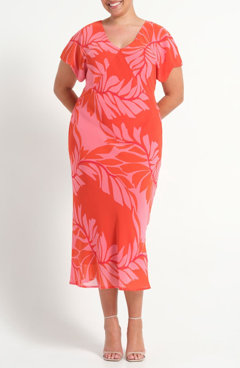 Estelle Leyla Leaf Print Sheath Midi Dress, Main, color, Peony Rouge