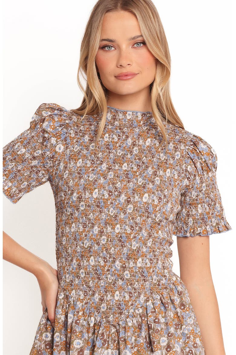 Celine Smocked Minidress, Alternate, color, BROWN FLORAL