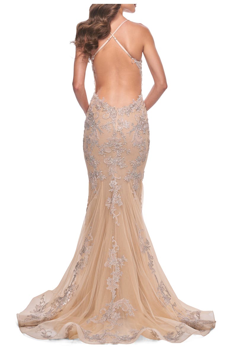 La Femme Mermaid Lace Gown, Alternate, color, Champagne