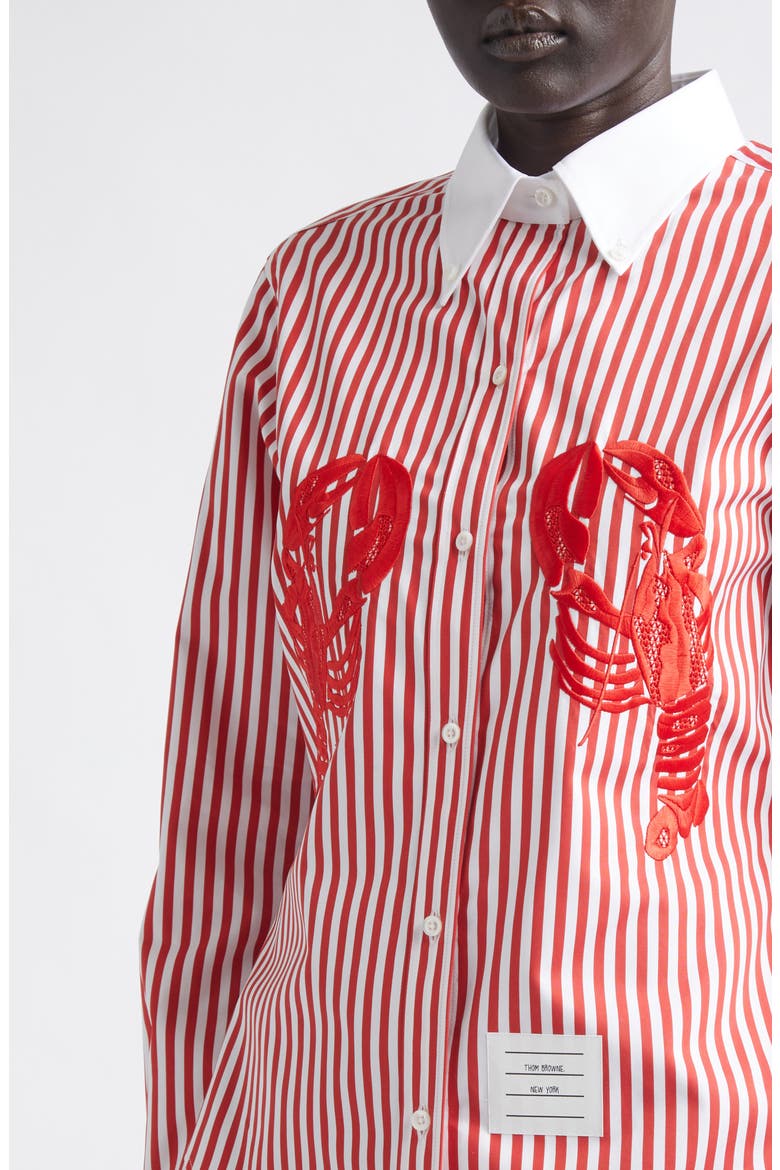 Lobster Embroidered Stripe Cotton Poplin Button-Down Shirt, Alternate, color, RED