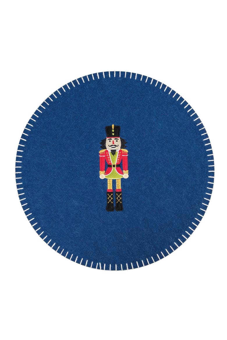 Christmas Solid Blue Nutcracker Felt Round Set of 6 Placemats 14", Main, color, Blue