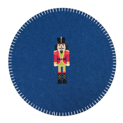 Christmas Solid Blue Nutcracker Felt Round Set of 6 Placemats 14"