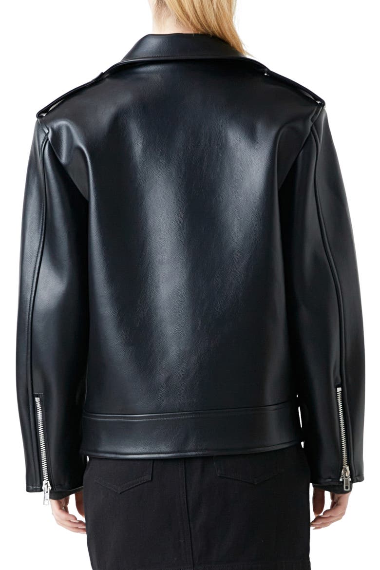 Padded Shoulder Faux Leather Biker Jacket, Alternate, color, BLACK