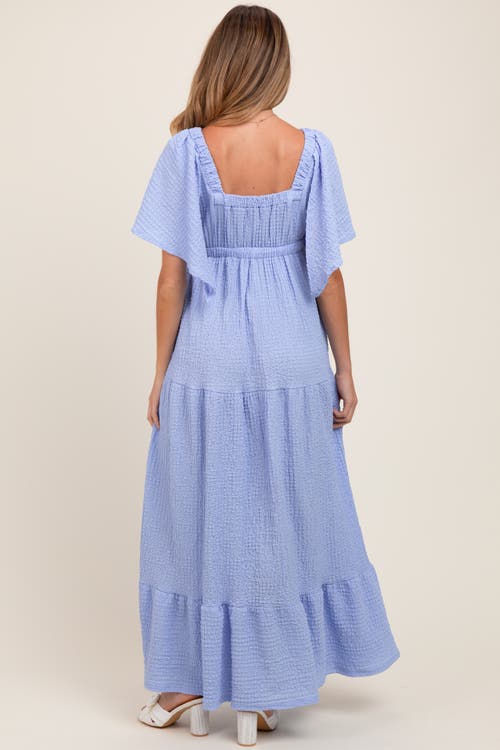 Pinkblush Woven Textured Flutter Sleeve V-neck Tiered Maxi Dress In Blue