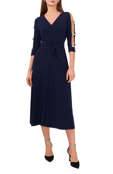 Rhinestone Sleeve Fit & Flare Midi Dress