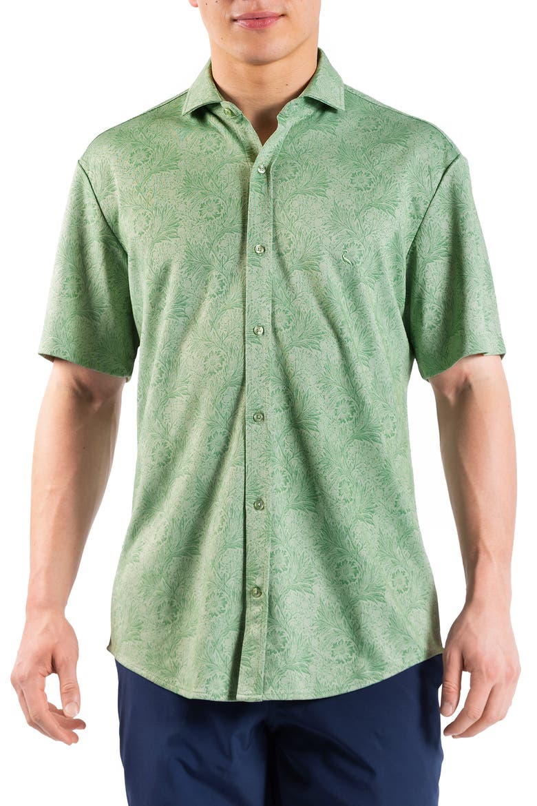 Tropical Short Sleeve Button-Up Shirt, Main, color, MOSS GREEN