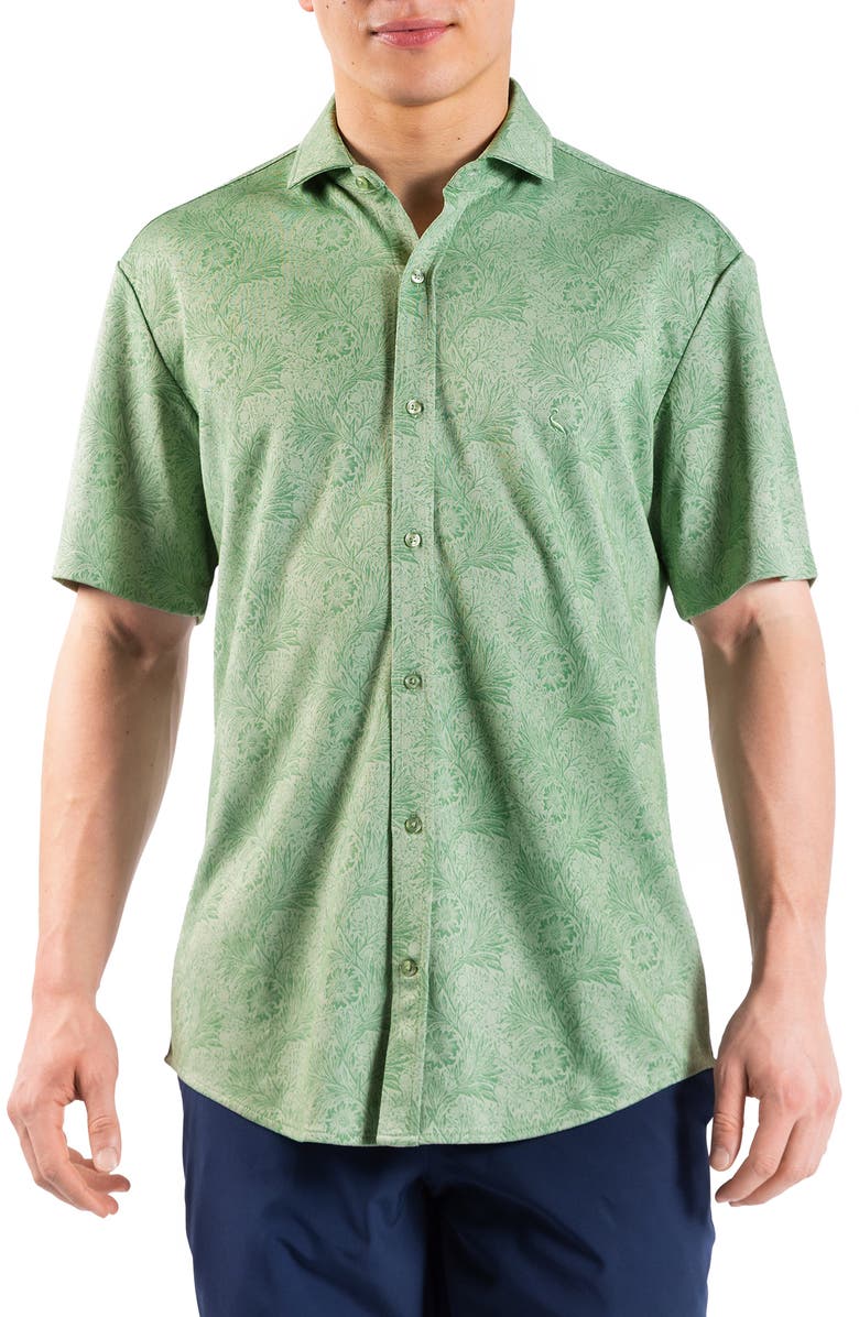 TailorByrd Tropical Short Sleeve Button-Up Shirt, Main, color, Moss Green