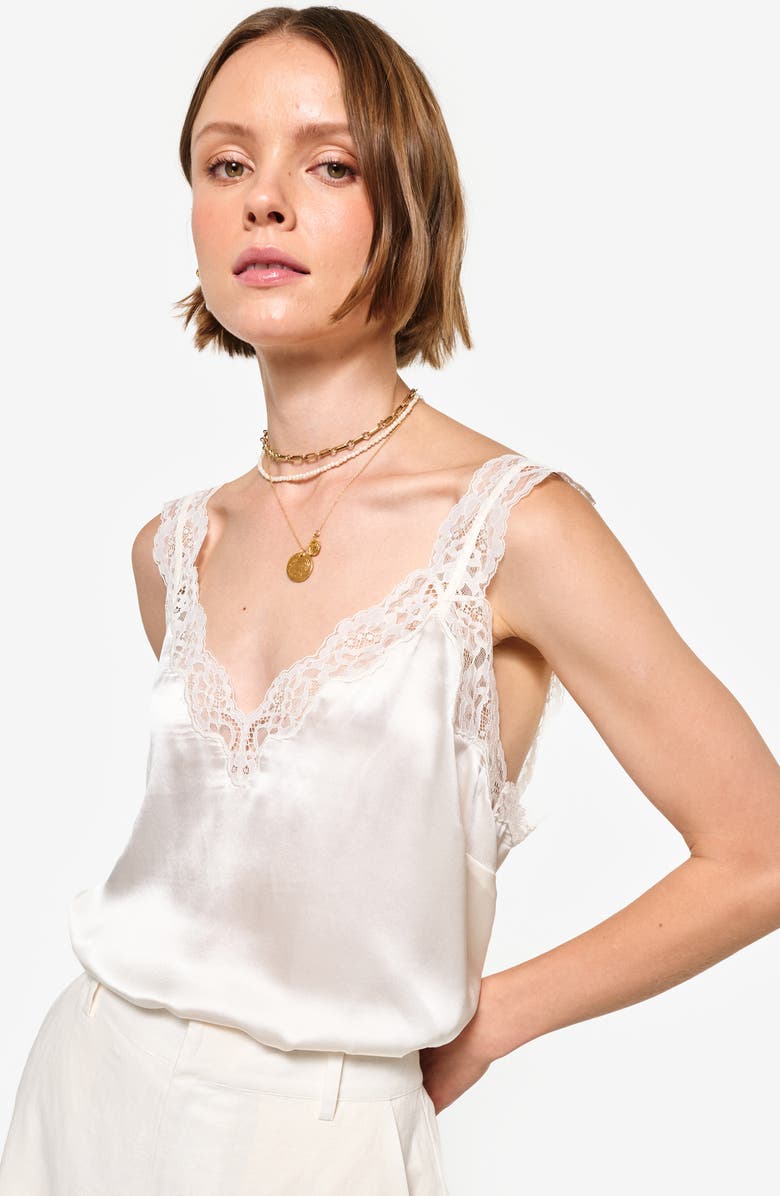 CAMI NYC Fernanda Lace Trim Silk Charmeuse Tank, Alternate, color, Macadamia