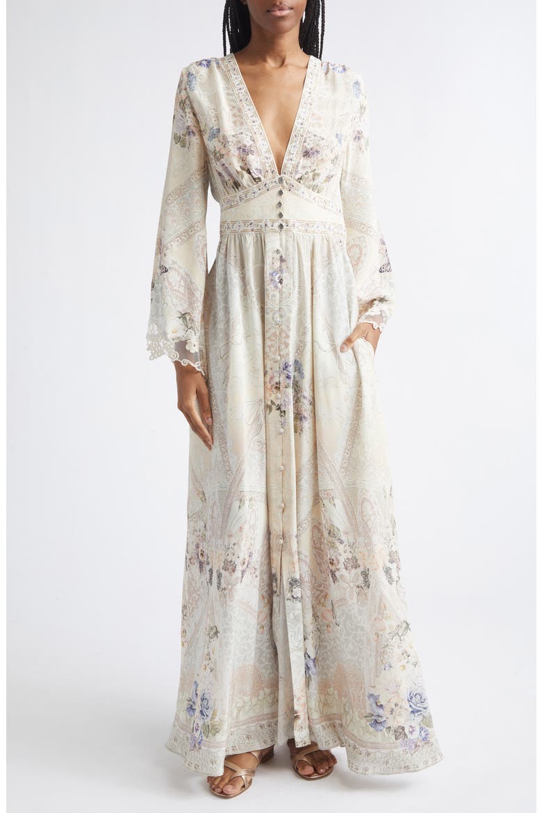 ワンピース Lace Trimmed Floral Dress Floral Print Lace Trim Long Sleeve Silk Maxi Dress (Women) | Nordstrom