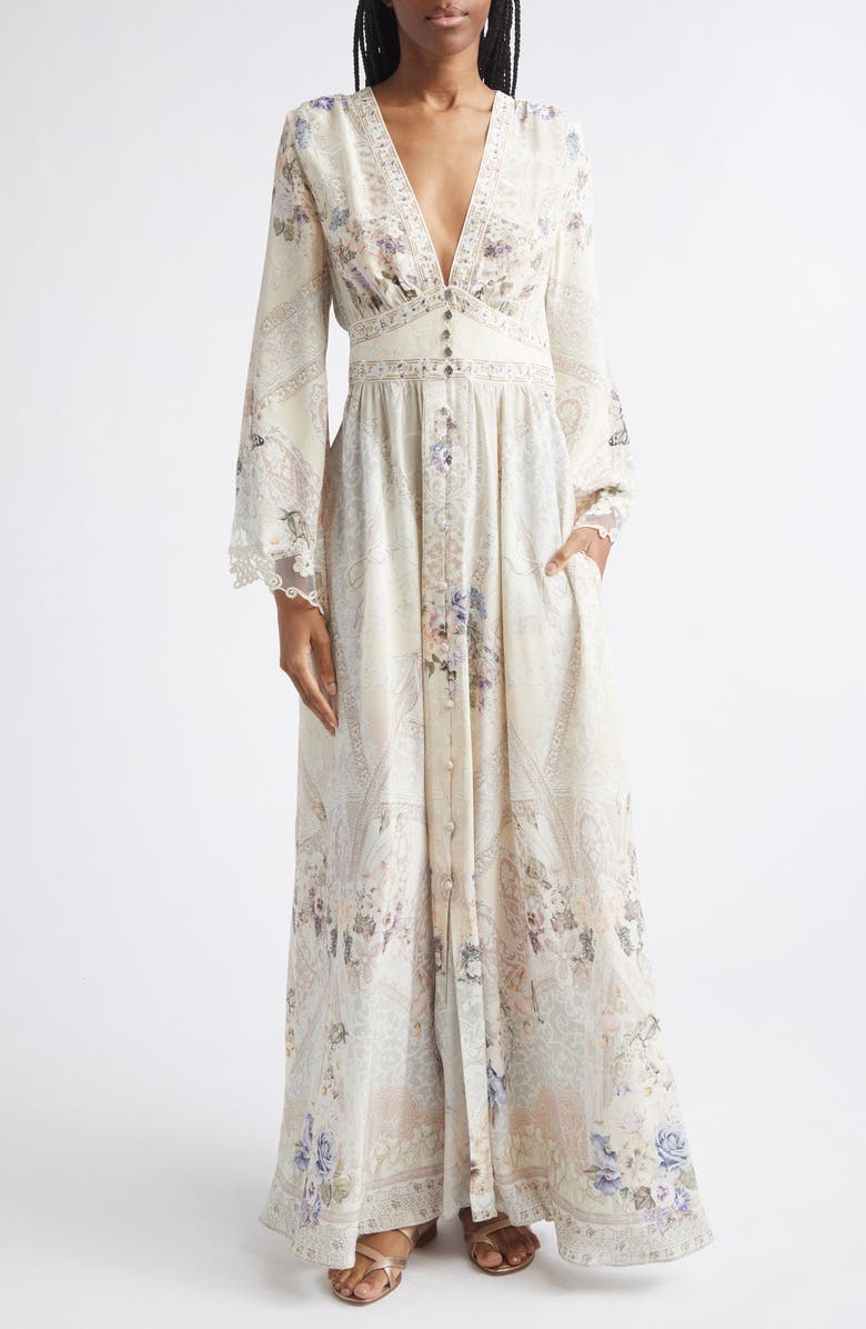 Camilla Floral Print Lace Trim Long Sleeve Silk Maxi Dress, Main, color, Laced With Love