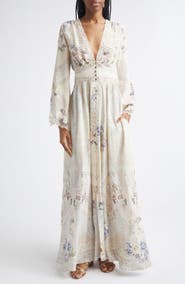 Camilla Floral Print Lace Trim Long Sleeve Silk Maxi Dress