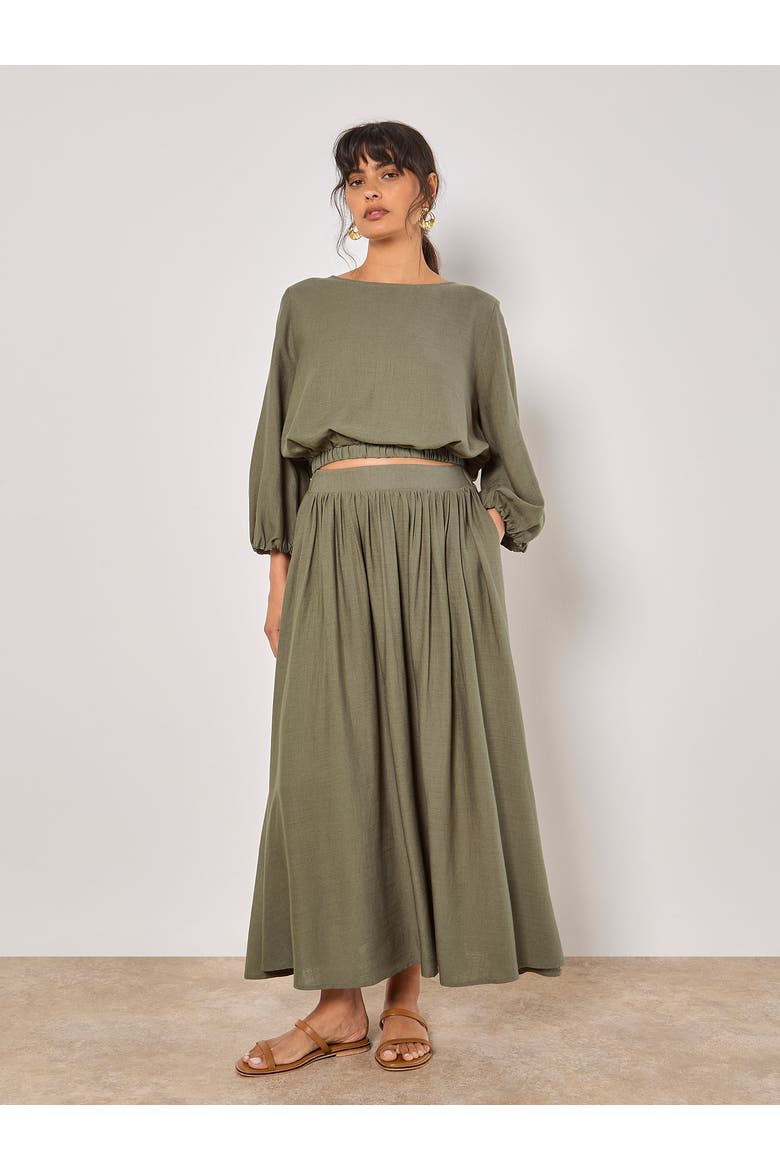 Linen Pleated Full Midi Skirt, Main, color, Khaki