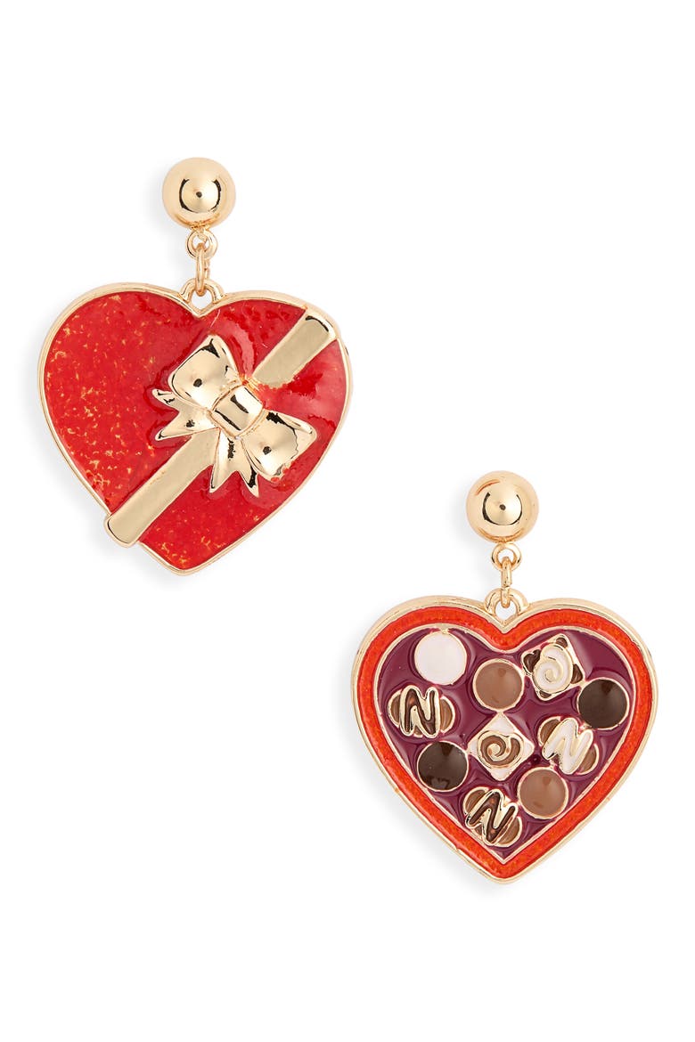 Valentine's Day Chocolate Box Drop Earrings, Main, color, RED MULTI- GOLD