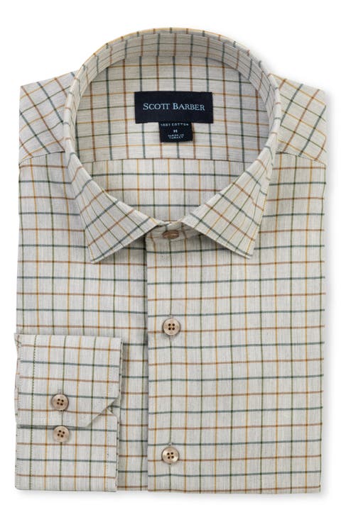 Windowpane Melange Cotton Twill Button-Up Shirt