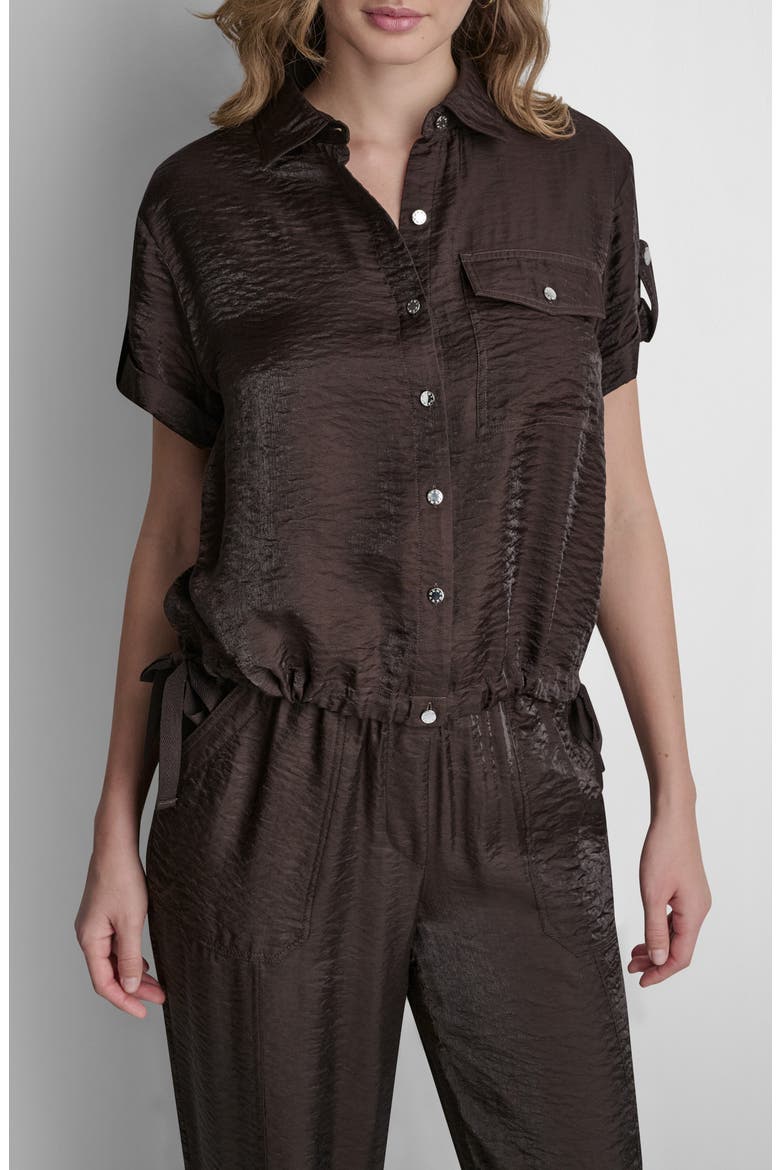 Twinkle Crinkle Roll Tab Cuff Button-Up Shirt, Main, color, TOBACCO