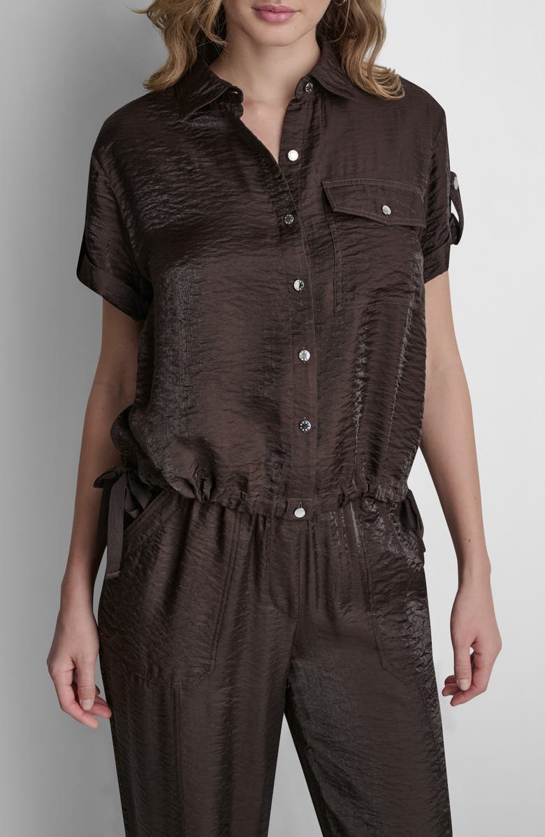 DKNY Twinkle Crinkle Roll Tab Cuff Button-Up Shirt, Main, color, Tobacco