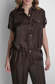 DKNY Twinkle Crinkle Roll Tab Cuff Button-Up Shirt
