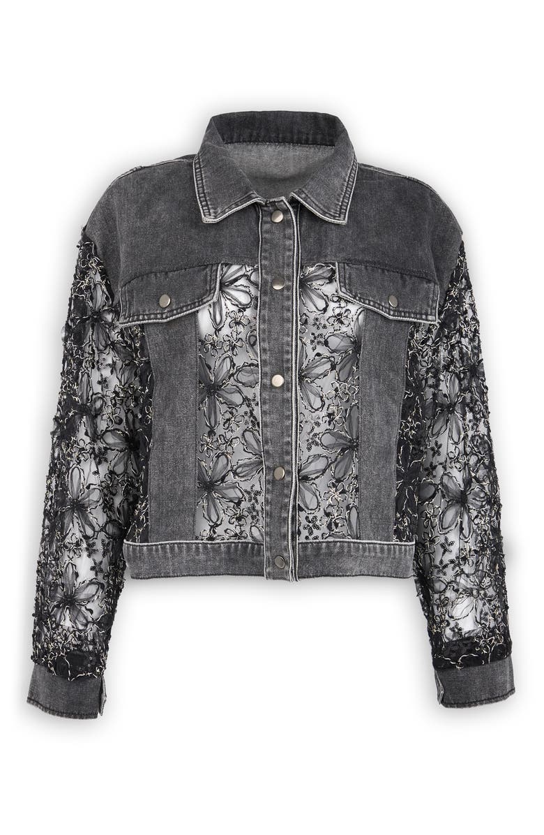 SAACHI Lace Trim Denim Trucker Jacket, Alternate, color, Black
