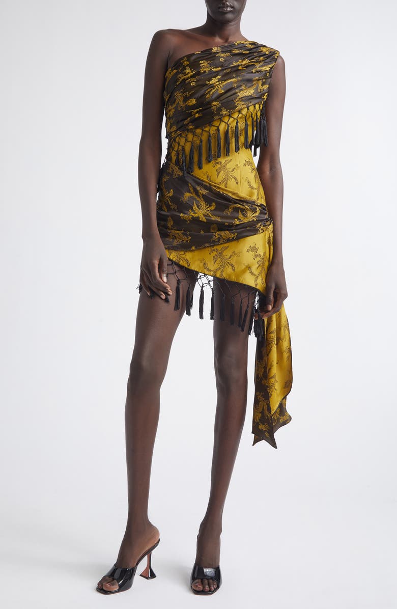 KIM SHUI Andrea Fringe Silk Jacquard One-Shoulder Minidress, Main, color, Black/ Yellow