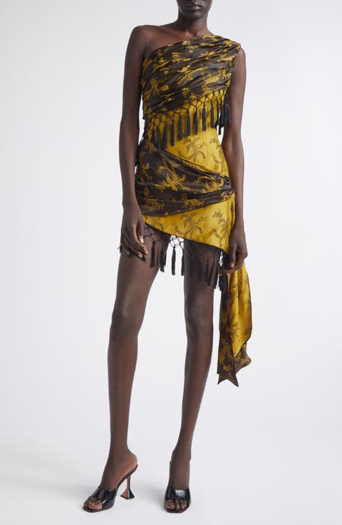 Andrea Fringe Silk Jacquard One-Shoulder Minidress