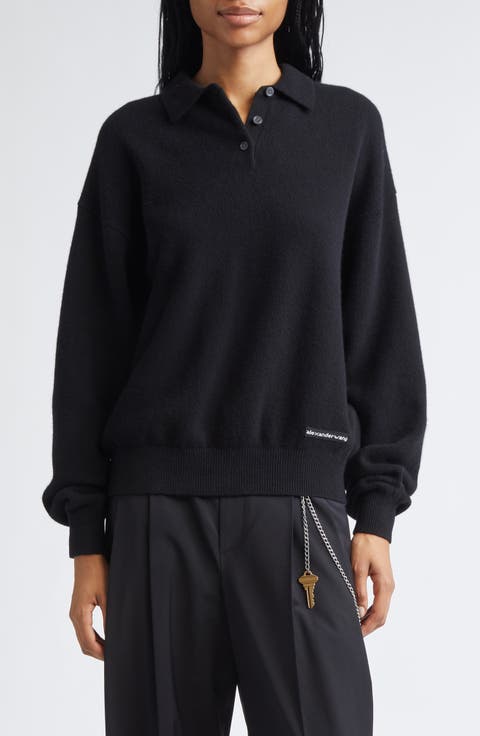 Long Sleeve Wool Blend Polo Sweater with Logo Patch