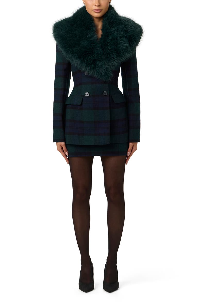 Plaid Faux Fur Collar Wool Blend Blazer, Alternate, color, EMERALD