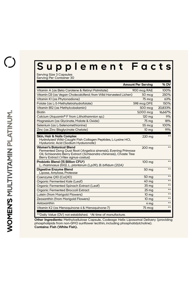Codeage Women's Multivitamin Platinum, Vitamins A D3 K1 K2 B12, Alternate, color, White