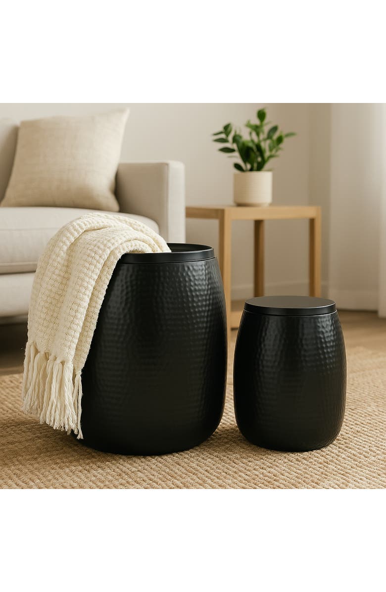 HAPPIMESS Merida Modern Rustic 2-Piece Hammered Metal Drum Storage Side Tables with Lids, Alternate, color, Matte Black