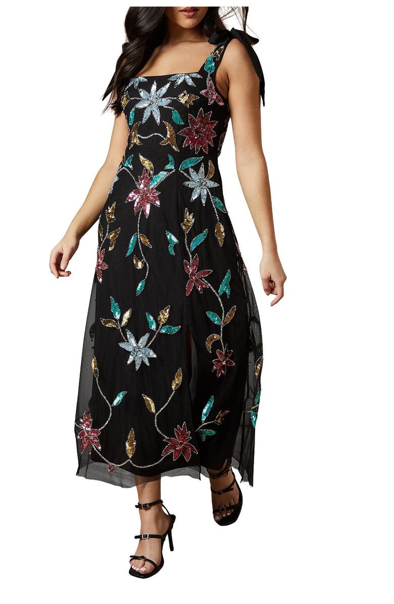 Oasis Floral Embellished Split Midi Dress, Alternate, color, Black