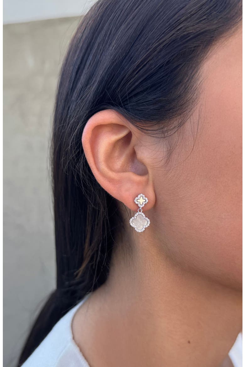 Pavé CZ Double Clover Drop Earrngs, Alternate, color, SILVER-WHITE