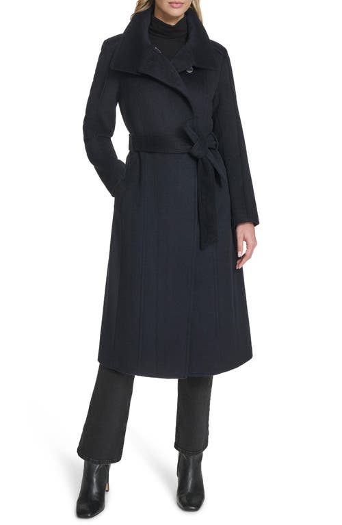 Cole Haan High Neck Slick Wool-blend Belted Coat In Blue