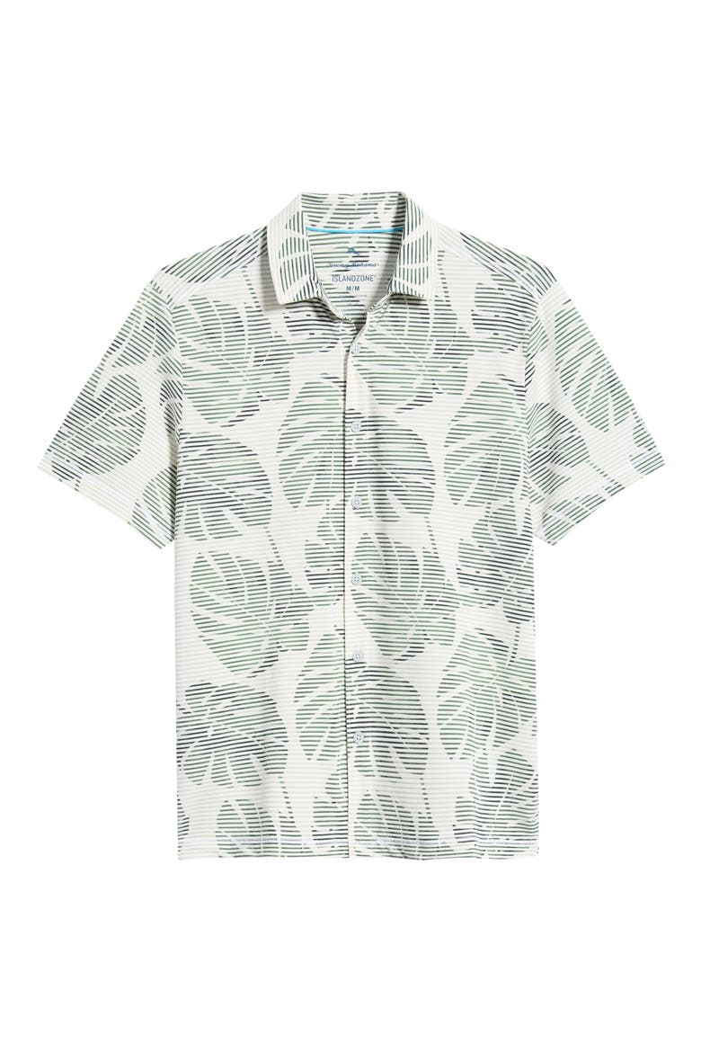 Costa Wave Monstera Mash Seersucker Stripe IslandZone® Short Sleeve Button-Up Shirt, Alternate, color, DARK JADE