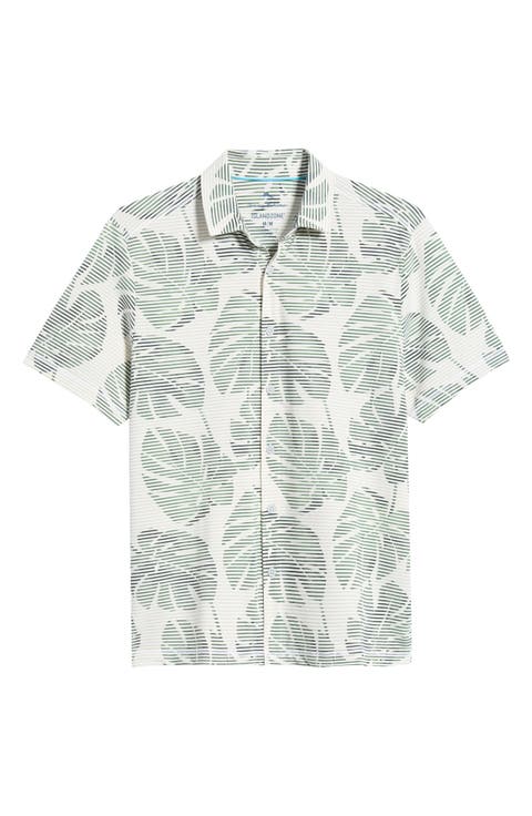 Costa Wave Monstera Mash Seersucker Stripe IslandZone® Short Sleeve Button-Up Shirt