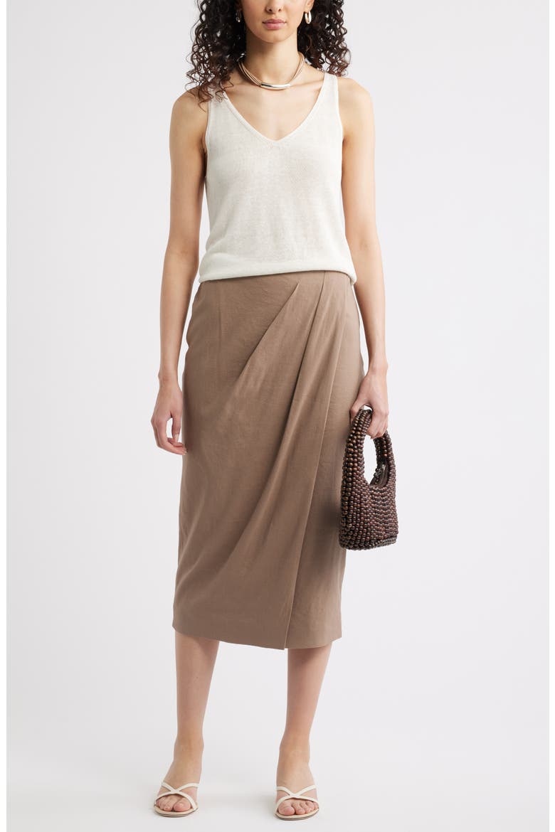 Linen Blend Wrap Midi Skirt, Alternate, color, BROWN LENTIL