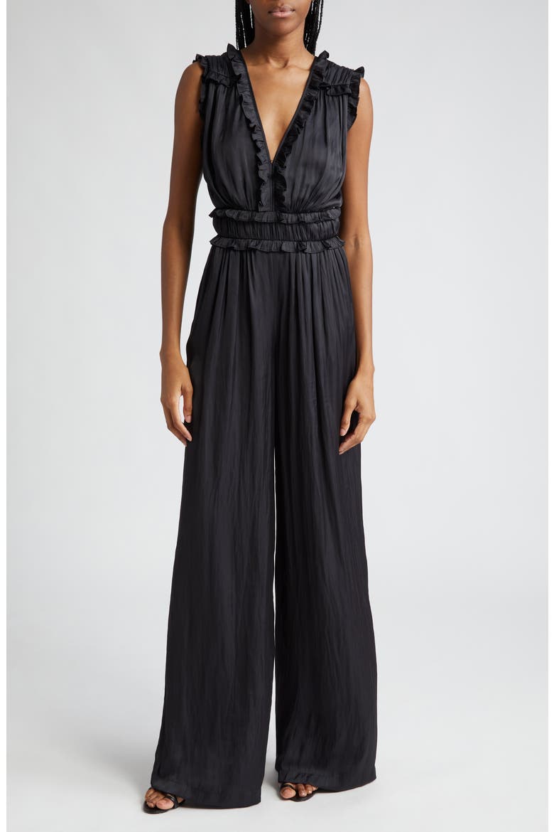 Katelyn Ruffle Satin Jumpsuit, Main, color, BLACK
