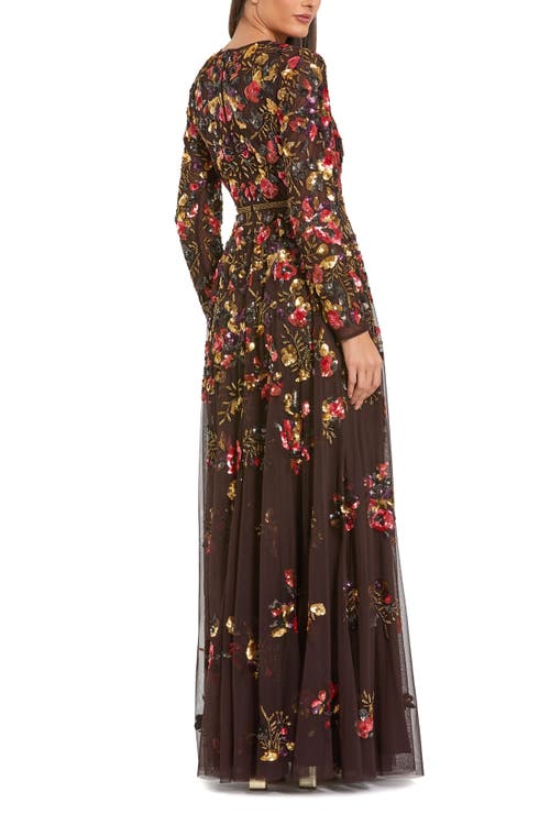 Mac Duggal Long Sleeve Floral Embellished Evening Gown In Gold
