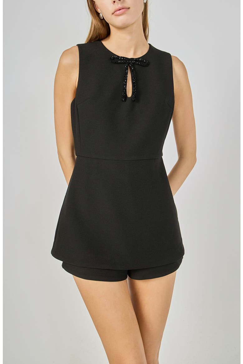 Bow Trimmed Sleeveless Romper, Alternate, color, BLACK