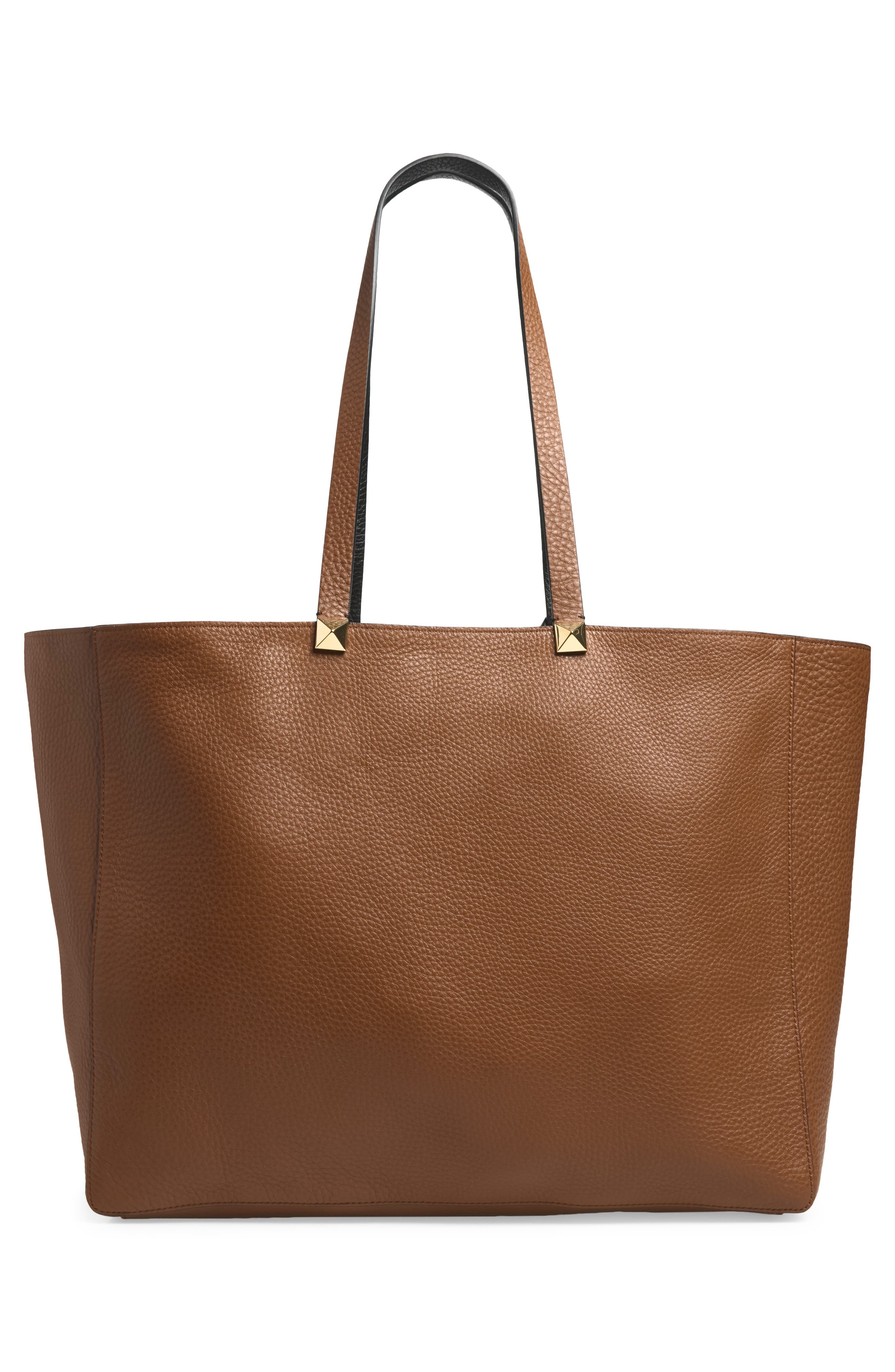 Rockstud Reversible Leather Tote, Alternate, color, LIGHT BROWN