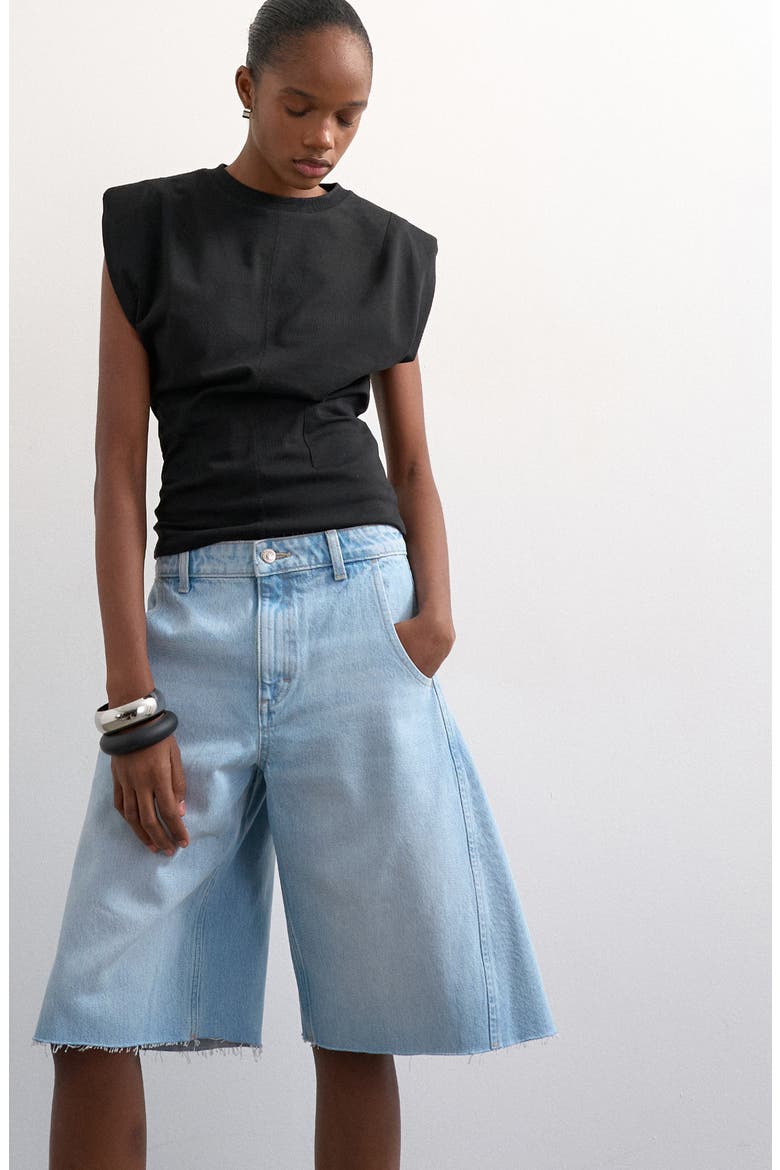 Raw Hem Knee Length Denim Barrel Shorts, Alternate, color, LBLUE