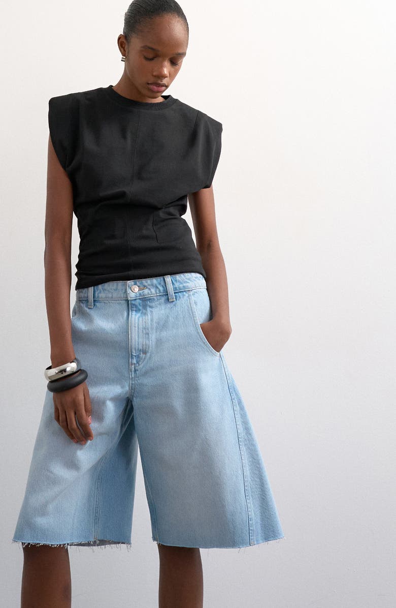 Topshop Raw Hem Knee Length Denim Barrel Shorts, Alternate, color,