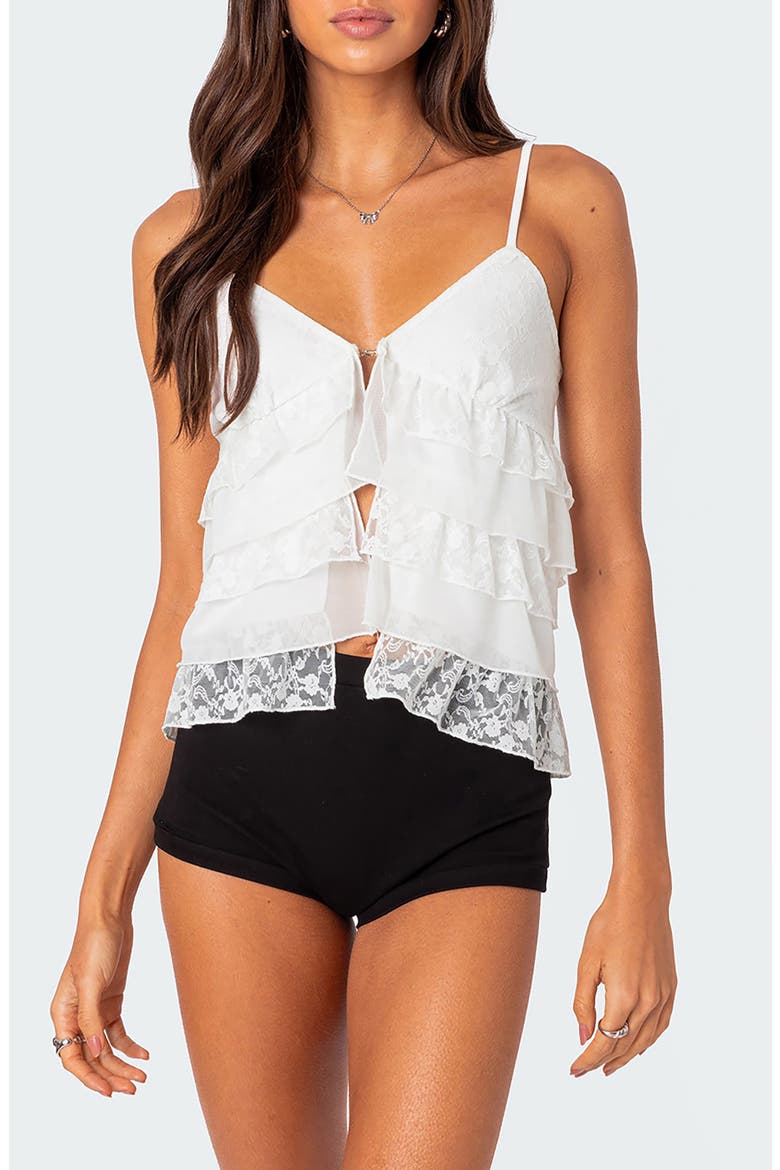 Lacy Split Front Ruffle Camisole, Main, color, WHITE