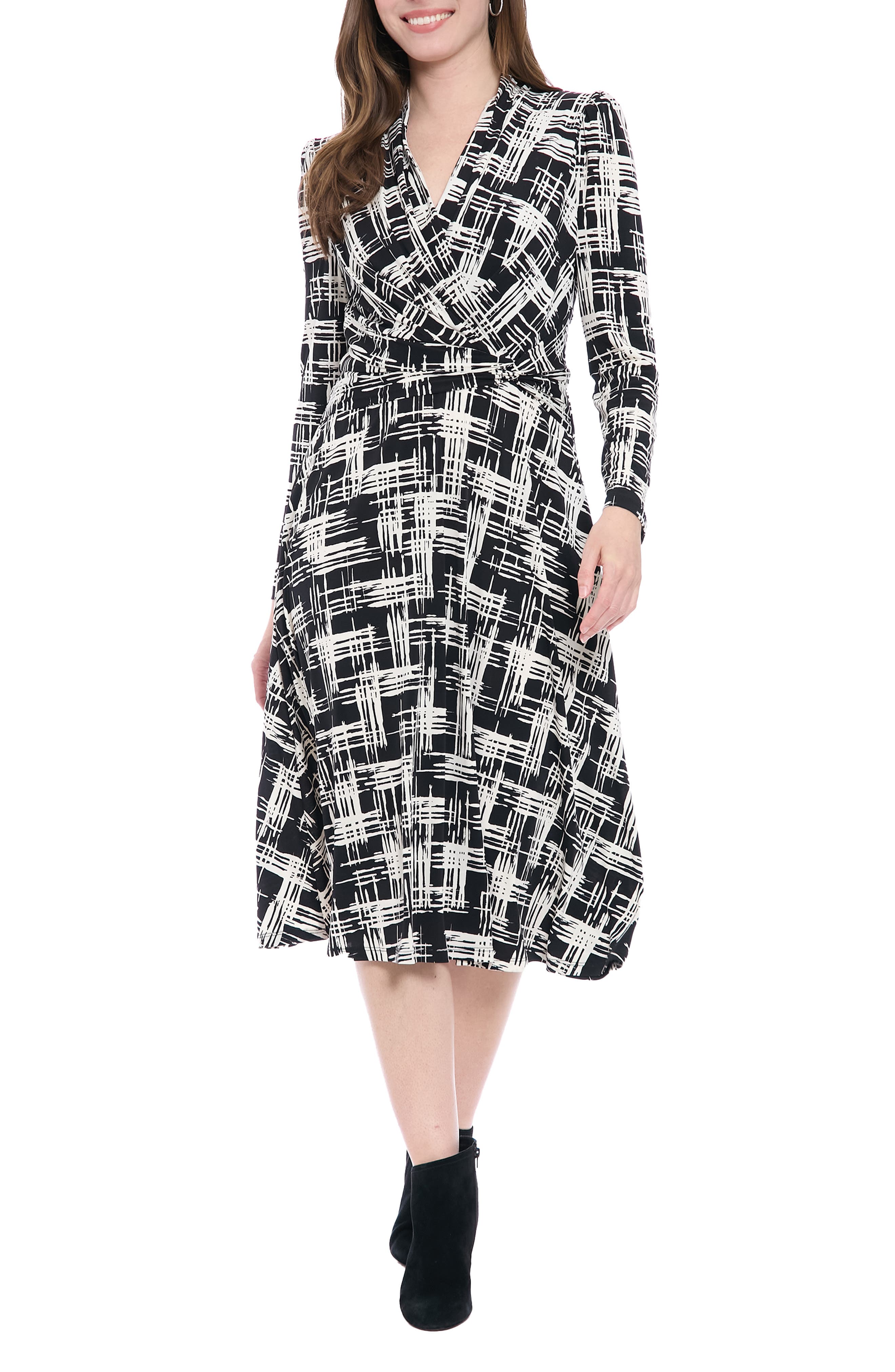 London Times Print Long Sleeve Side Twist Jersey Fit &amp; Flare Dress